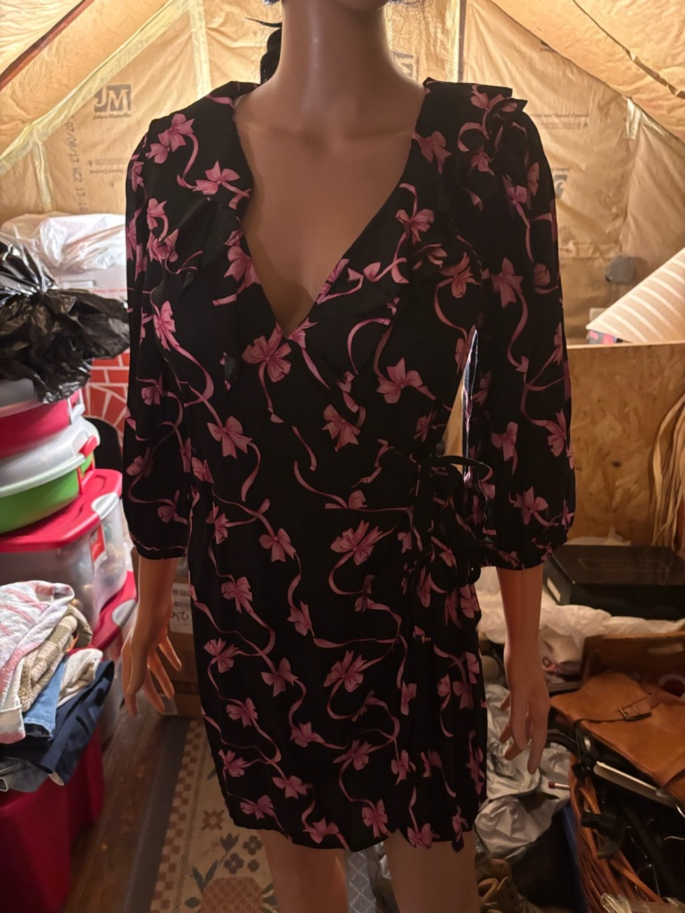 Women’s Black Floral Wrap Dress with Pink Bow Print Size 8